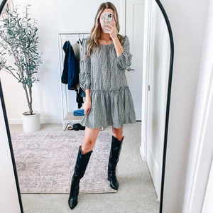 MAX‎ STUDIO B&W Gingham Check Peasant Babydoll Mini Dress